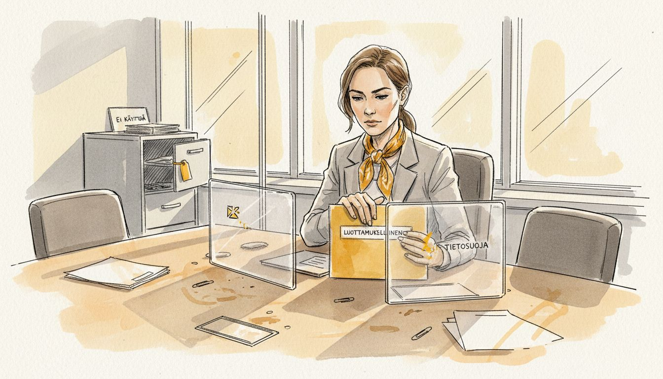 Toimistossa nainen käy läpi luottamuksellisia asiakirjoja.