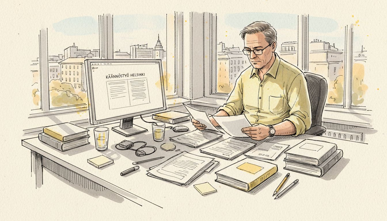 Kääntäjä tarkastelee ja vertailee asiakirjoja valoisassa toimistossa.