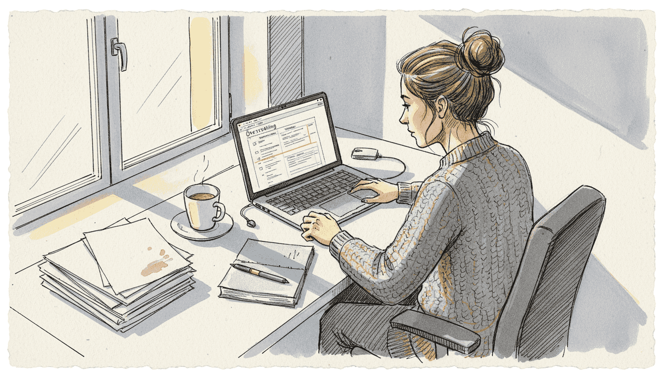 En översättare sitter vid datorn och jobbar på kontoret.