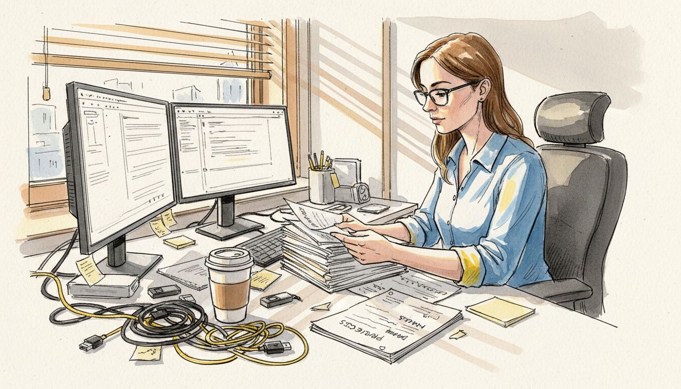 Project manager reviews translation documents at desk