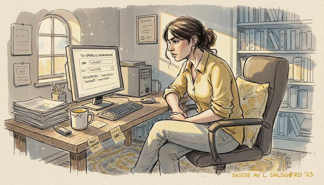 Oversetter som sitter ved skrivebordet og bruker et tospråklig søkeverktøy