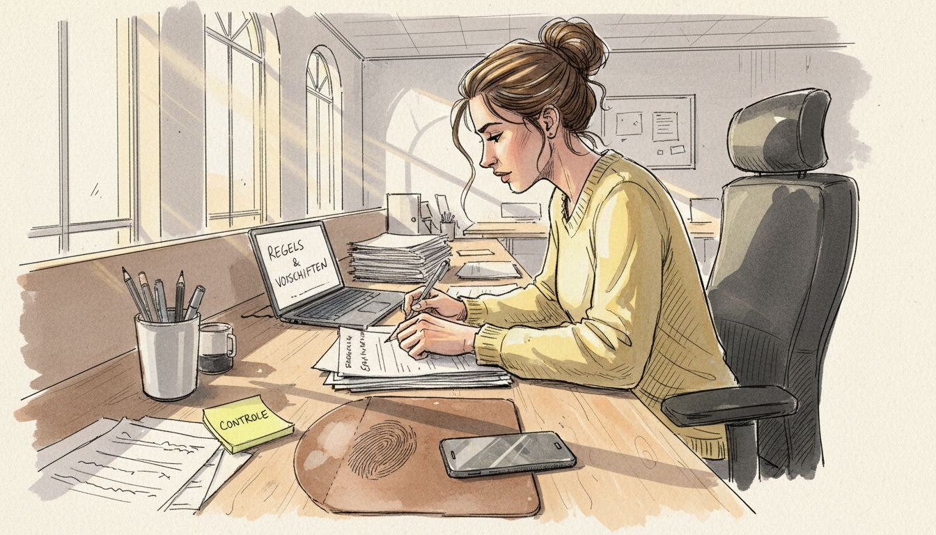 Een vrouw bladert aandachtig door een stapel papieren op een rommelig bureau.