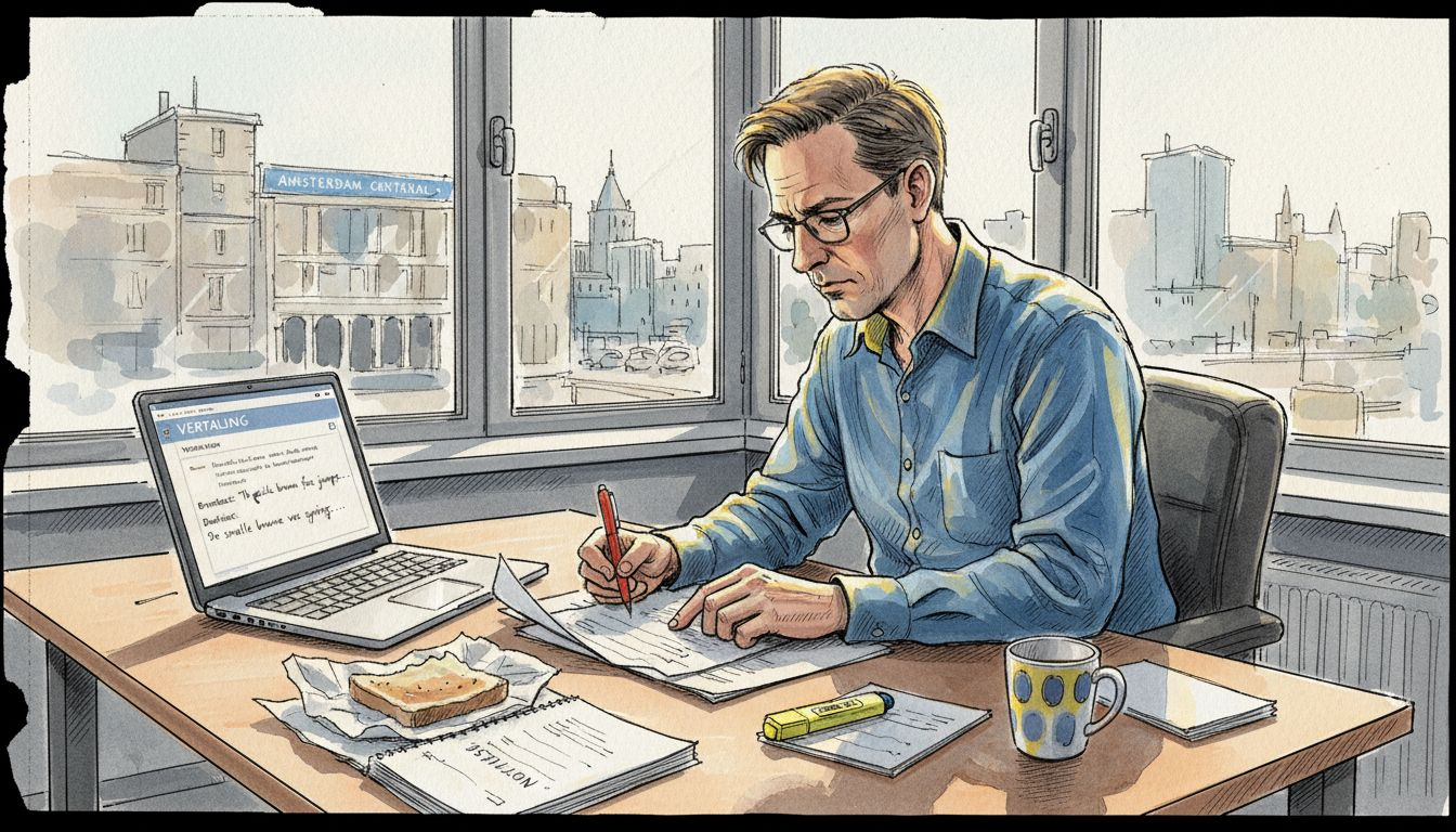 Man kijkt vertalingen na in een zonnig kantoor met grote ramen.