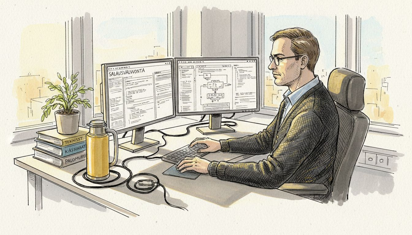 Toimistossa työskentelevä mies valvoo pilvipalvelun turvallisia käännöksiä.