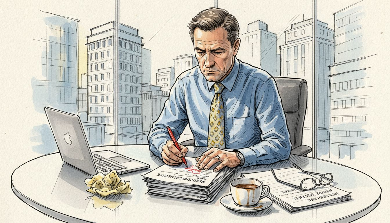 Ein Prüfer begutachtet pharmazeutische Übersetzungen im Besprechungsraum.