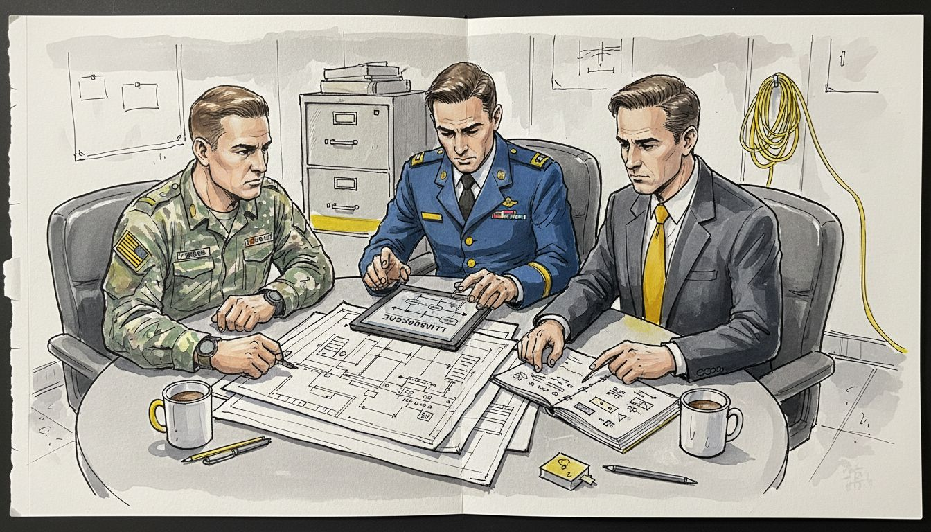 Military team reviewing translation documents in meeting