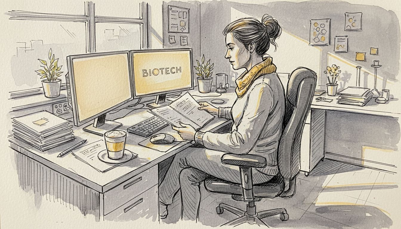 En biotech-översättare sitter ofta framför två datorskärmar och arbetar med avancerade dokument.