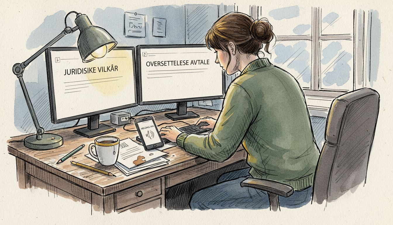 Oversetteren sitter foran to skjermer og sjekker sammenhengen i teksten.