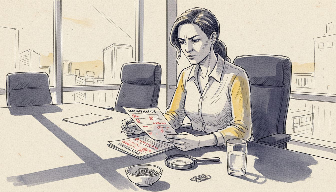 Laatutarkastaja käy läpi käännetyn asiakirjan toimistolla varmistaakseen, että kaikki on kunnossa.