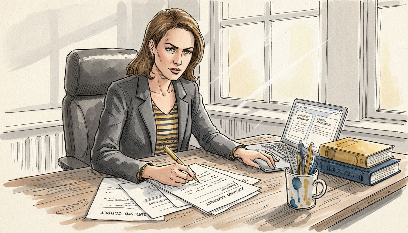 Een juridisch vertaler buigt zich over documenten op kantoor om ze grondig te controleren.