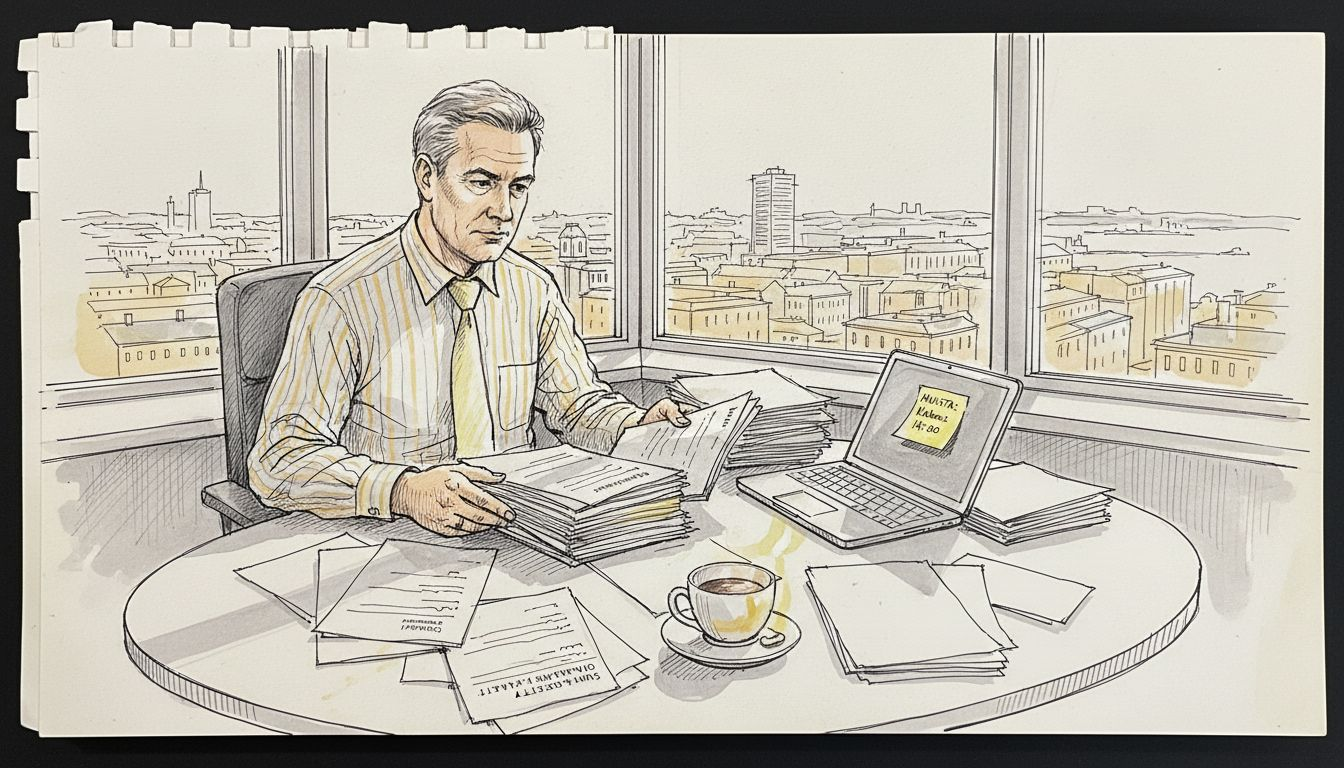 Käännöspäällikkö käy läpi asiakirjoja valoisassa toimistossa.