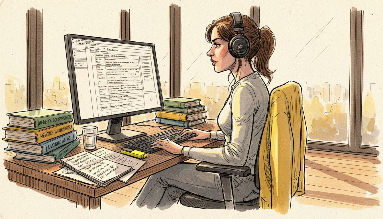 Een medisch vertaler verdiept zich geconcentreerd in haar werk achter haar bureau.