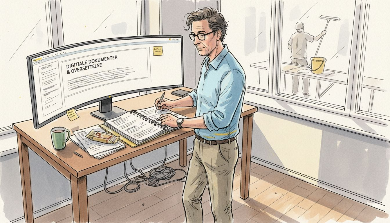 En oversætter sidder fordybet i papirarbejde på sit hjørnekontor.