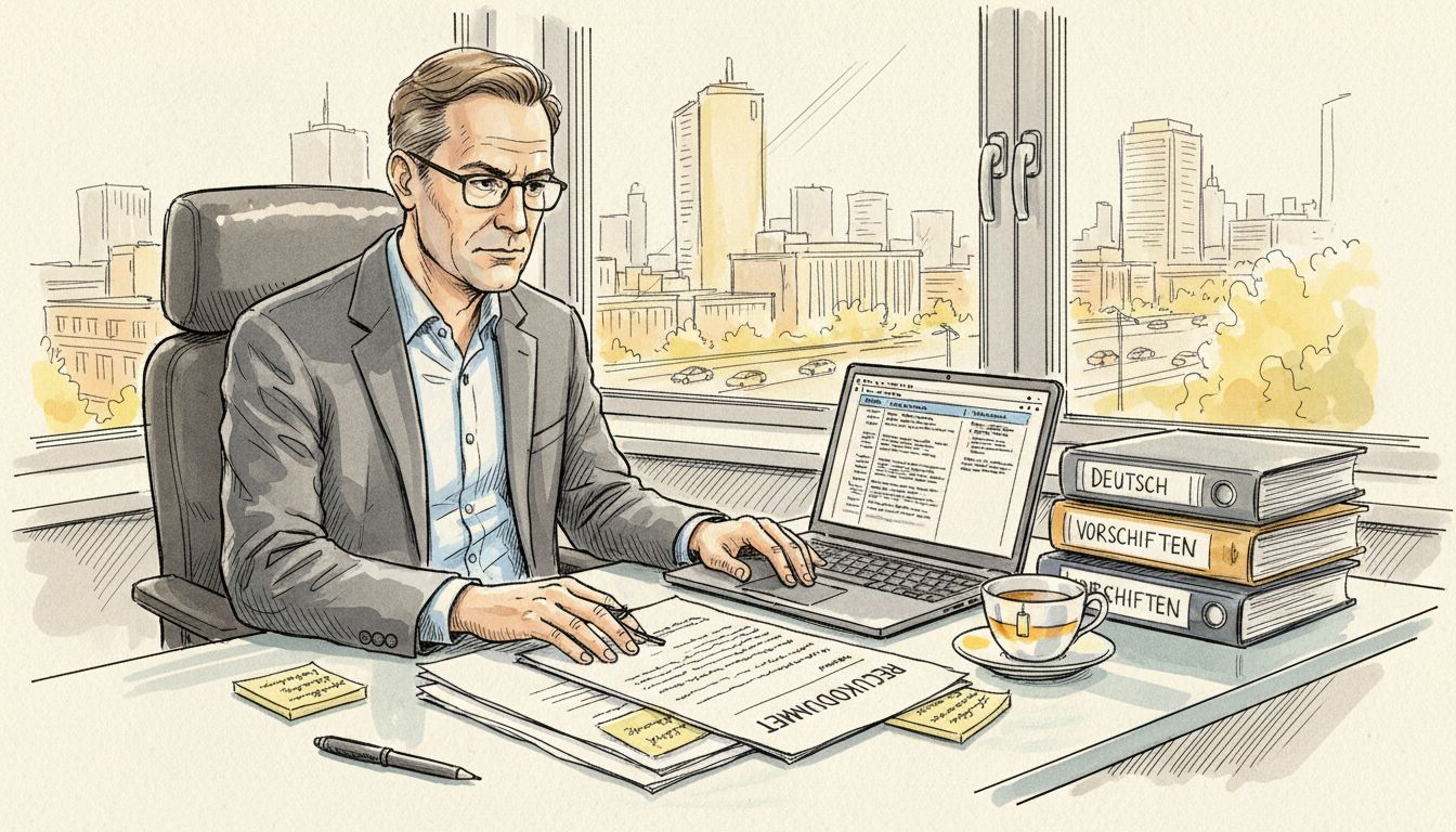 Ein Übersetzer prüft Unterlagen auf Einhaltung gesetzlicher Vorgaben.