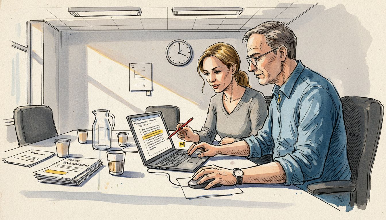 Kollegaer arbejder sammen om at gennemgå og kvalitetssikre oversættelsen.