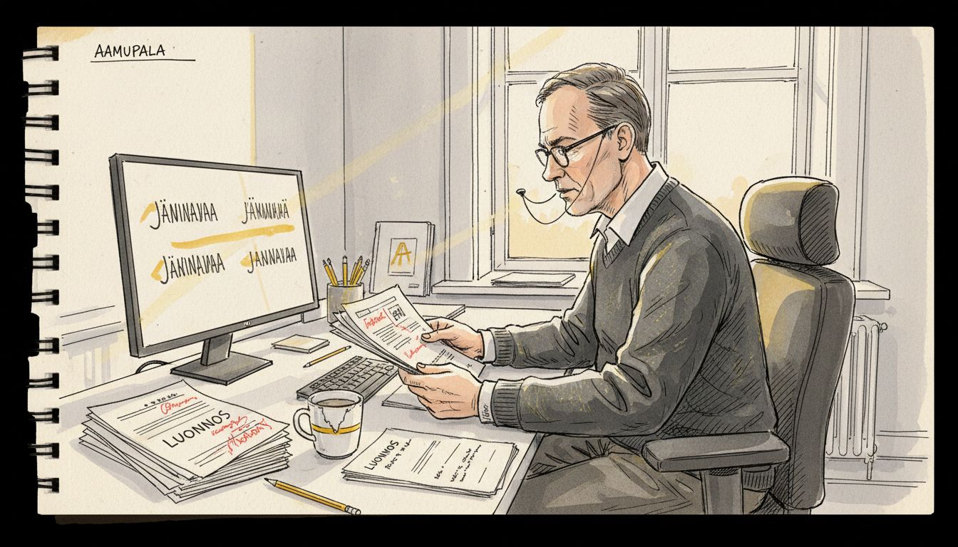 Kääntäjä tarkistaa koneellisesti tuotettua käännöstä työpöytänsä ääressä.