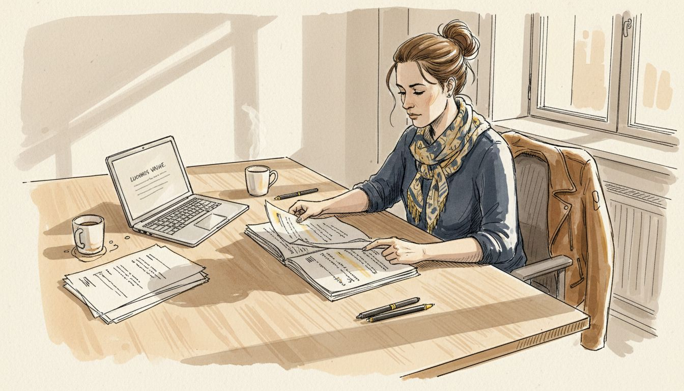 Toimittaja käy läpi teknistä asiakirjaa, johon on tehty käsin kirjoitettuja muistiinpanoja.