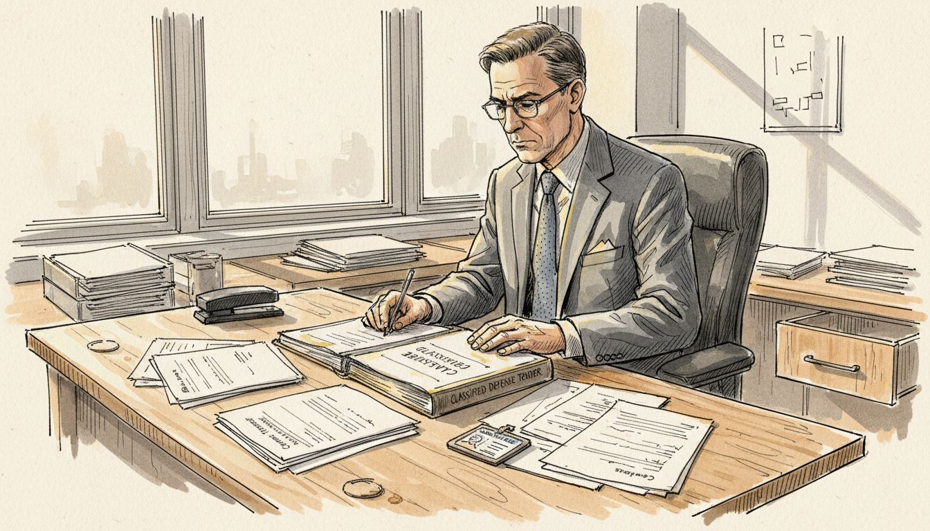 Manager reviewing defense tender documents in office