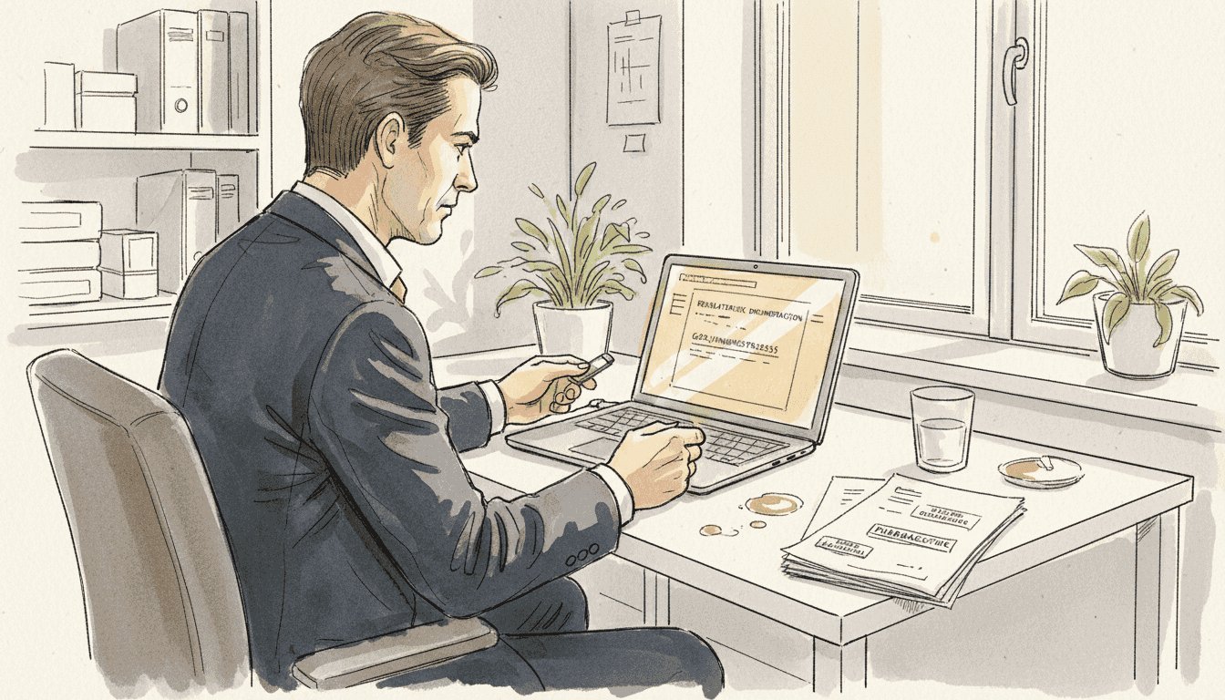 En mann sitter og gjennomgår dokumenter for å sikre at all informasjon håndteres trygt og sikkert.