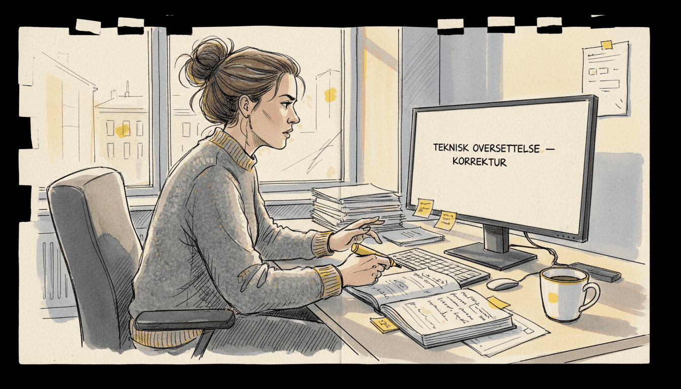 En kvinne går nøye gjennom den tekniske oversettelsen for å forsikre seg om at alt stemmer.