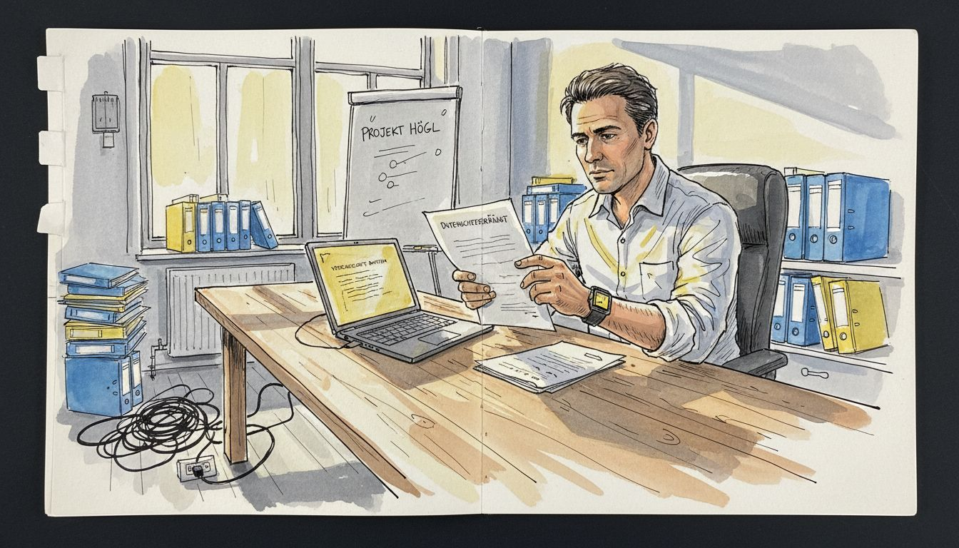 Ein IT-Fachmann prüft die Unterlagen zum Datenschutzvertrag auf ihre Richtigkeit und Vollständigkeit.