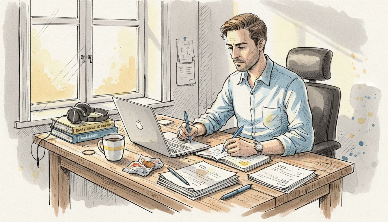 En oversætter sidder koncentreret ved sit skrivebord i et hjørnekontor.