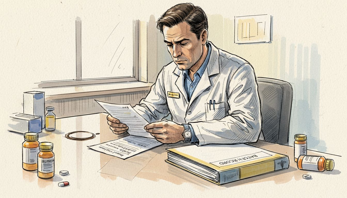 Pharmacist checks multilingual medication leaflet