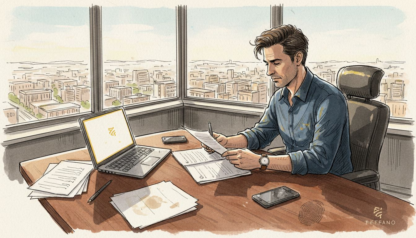 Chefen sidder på sit hjørnekontor og gennemgår papirer