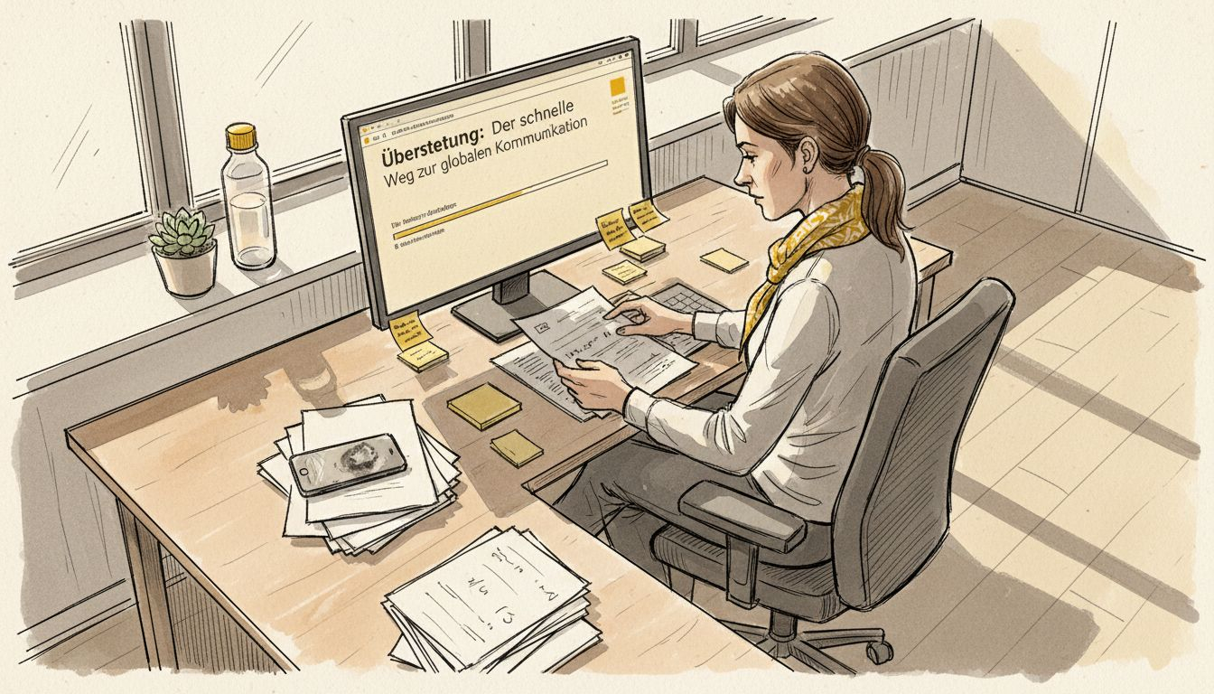 Im lichtdurchfluteten Büro wirft eine Frau einen prüfenden Blick auf den Entwurf einer KI-Übersetzung.