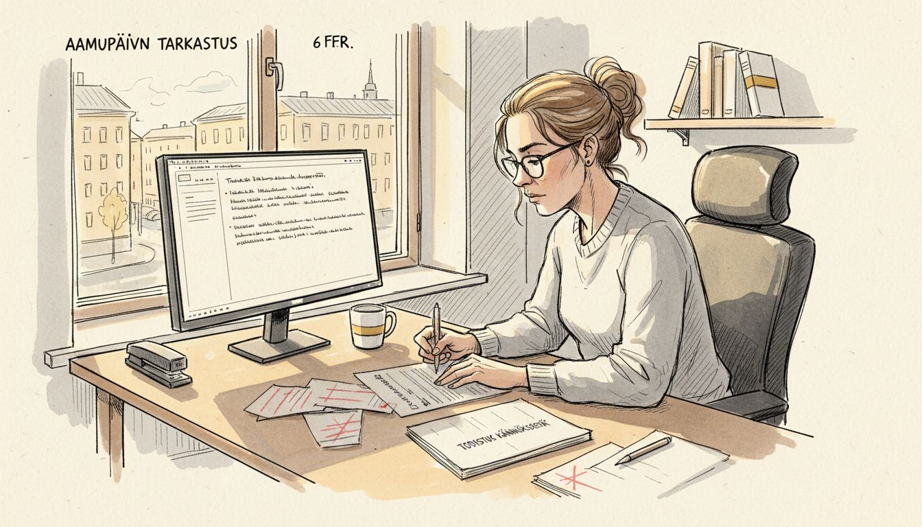 Nainen tutkii käännöstodistusta valoisassa toimistossa.