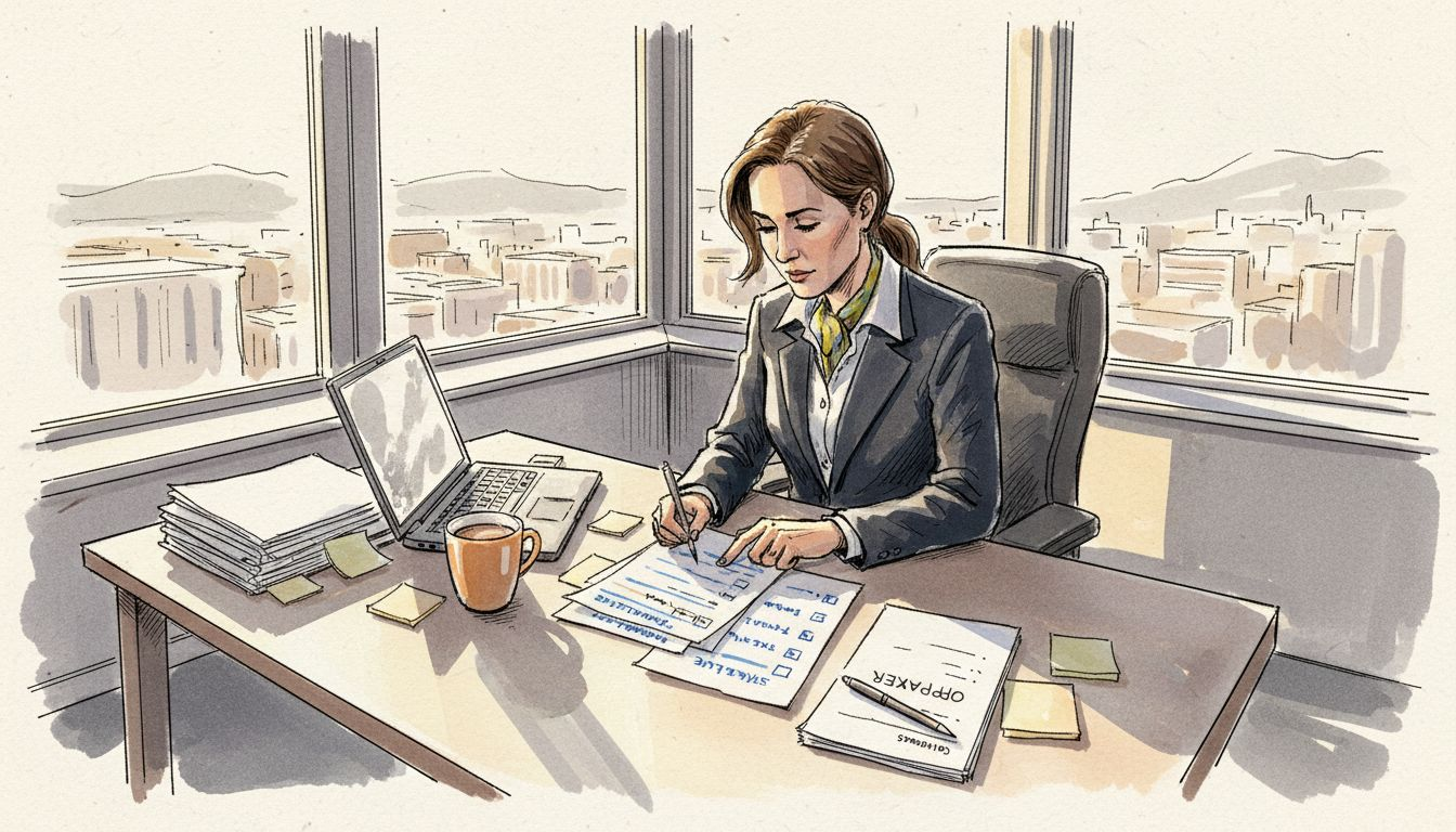 En kvinne går nøye gjennom en compliance-sjekkliste på kontoret.