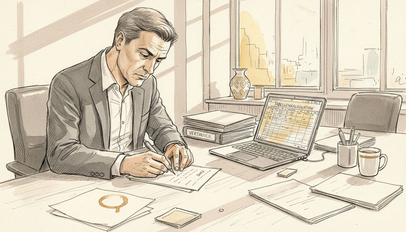 Ein Manager unterzeichnet am Schreibtisch den Prüfungsbericht.