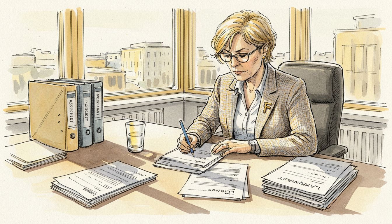 Nainen viimeistelee juridisia asiakirjoja EU:n toimistolla.