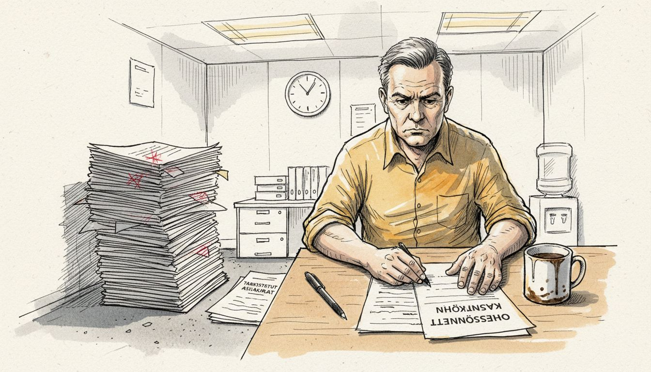 Mies käy läpi viranomaisille tarkoitettuja käännösasiakirjoja.