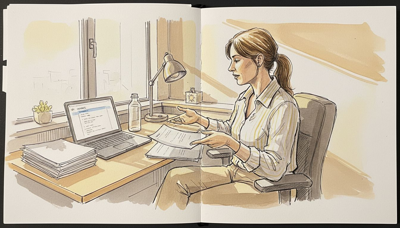 En oversetter jobber både med fysiske dokumenter og på datamaskin.