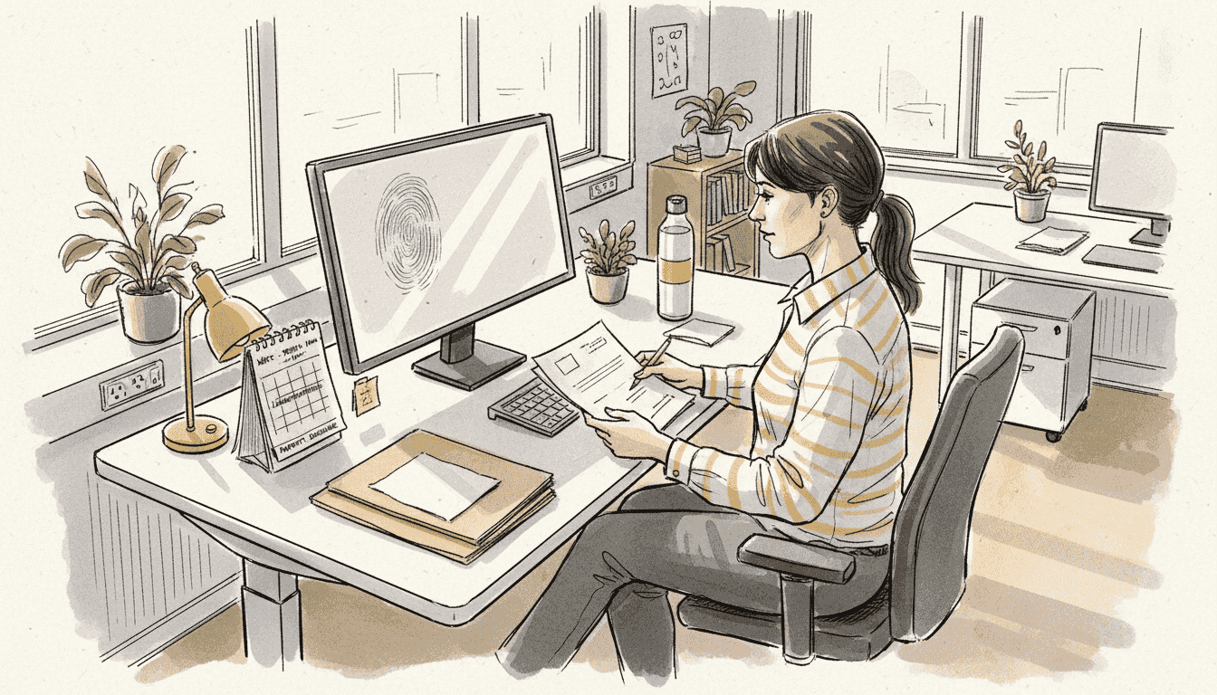 En kvinna sitter på sitt kontor och går noggrant igenom medicinska papper.