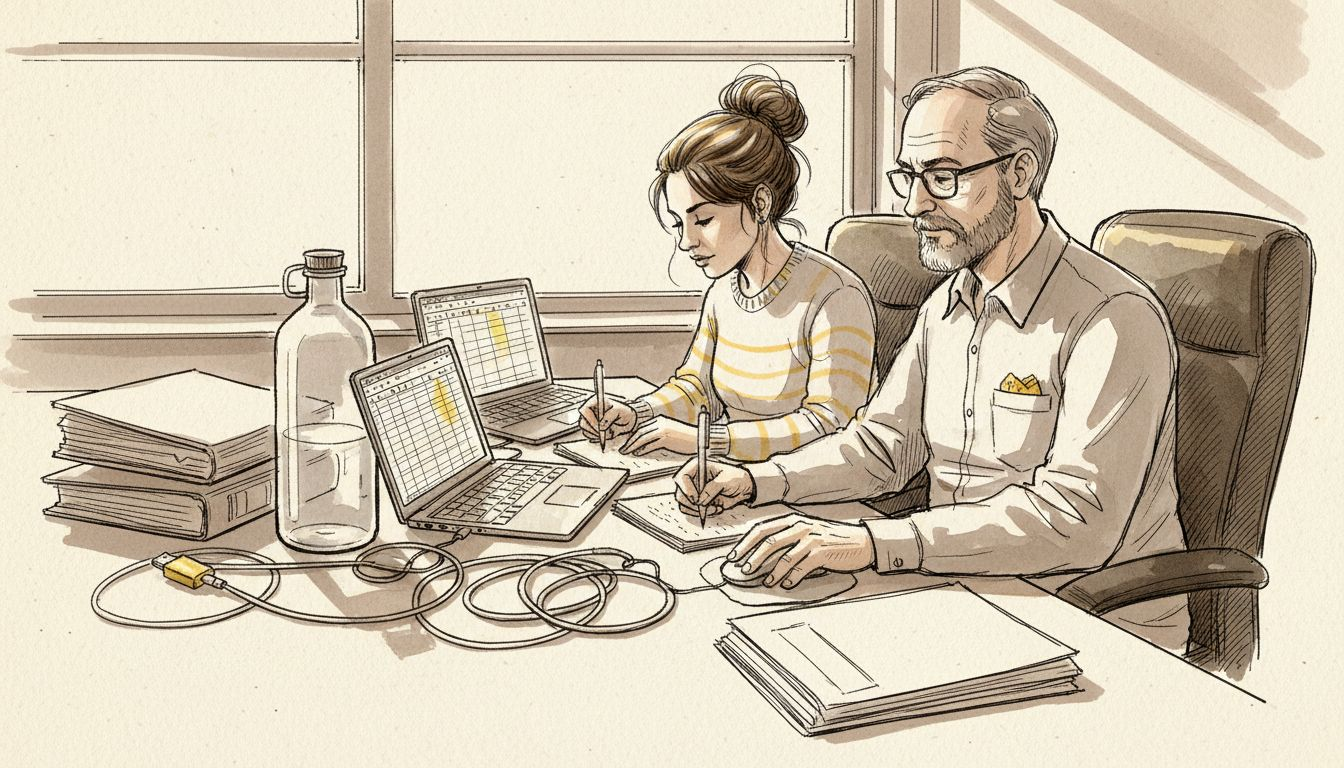 Technical writers collaborating at cluttered conference table