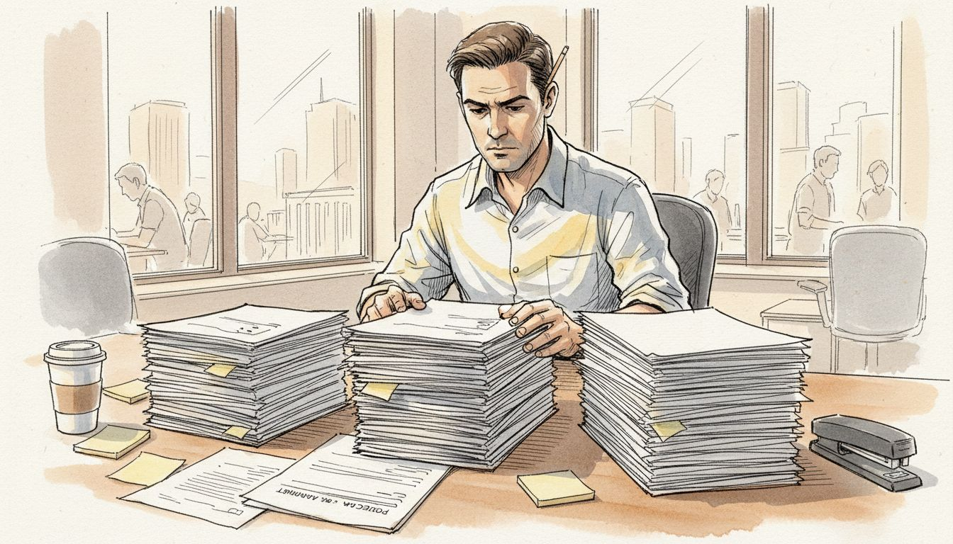 Project manager reviews large contract paperwork stack