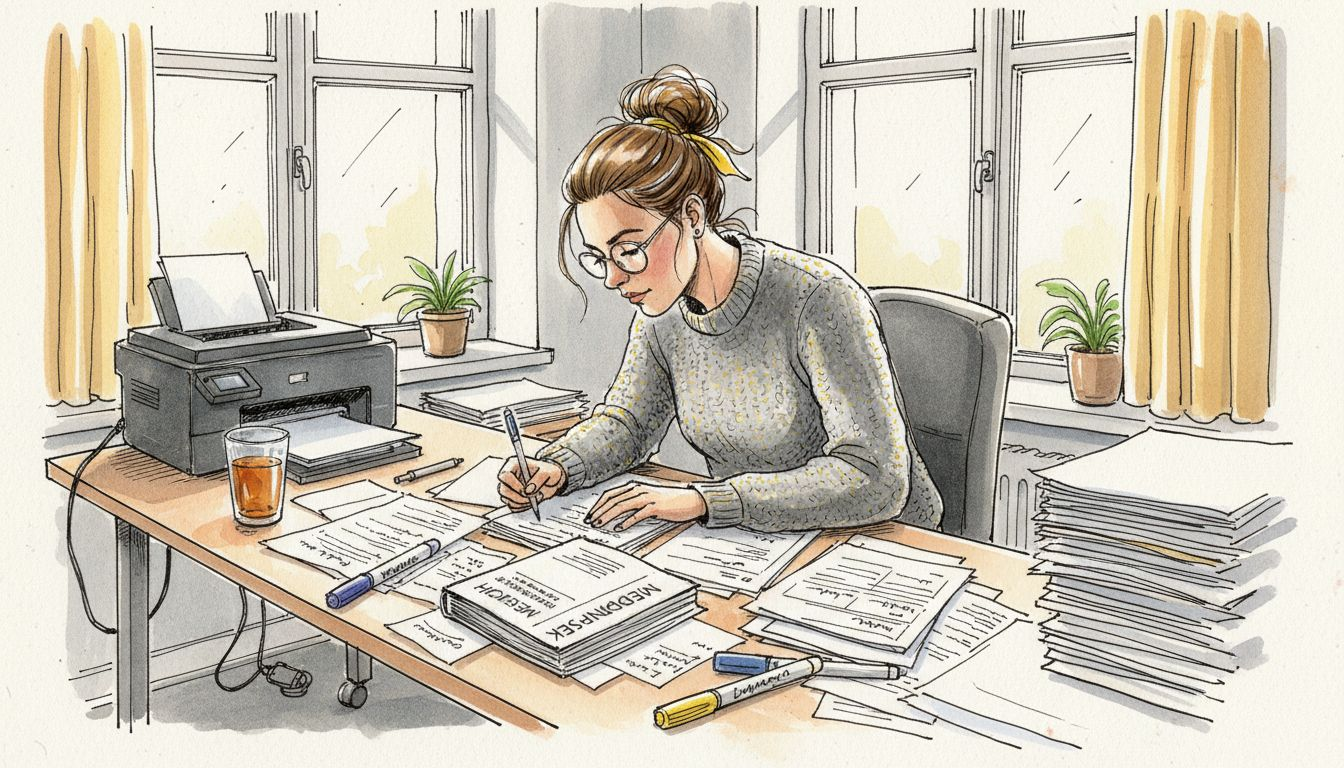 Een vertaler verdiept zich in medische documenten op kantoor.