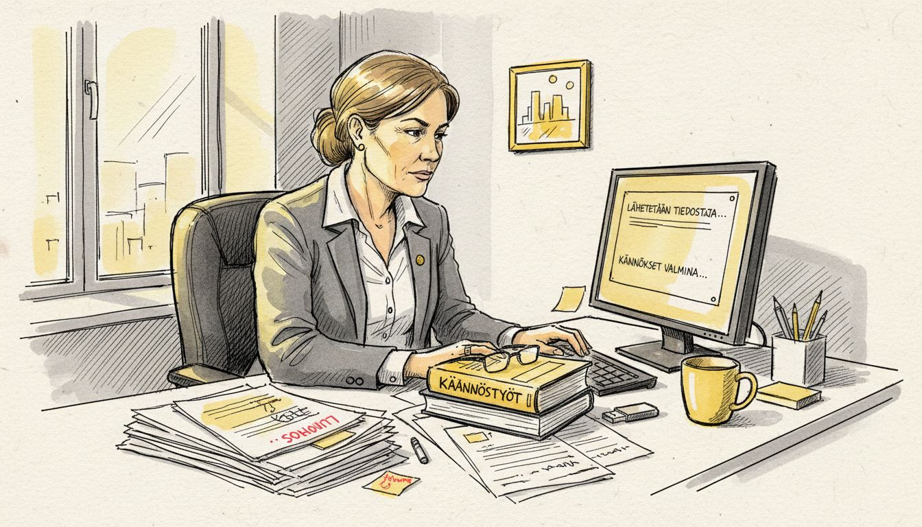 Esimies huolehtii käännöstiedostojen käsittelystä toimistolla.