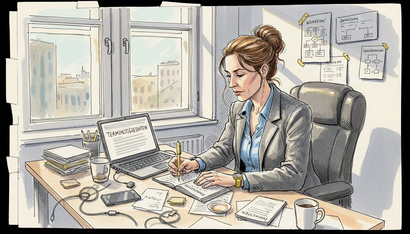 Ein Manager prüft die Dokumente zum Übersetzungsablauf.