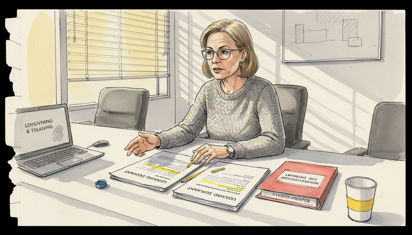 F med juridisk ekspert som går grundig gjennom en oversettelse rundt møtebordet.