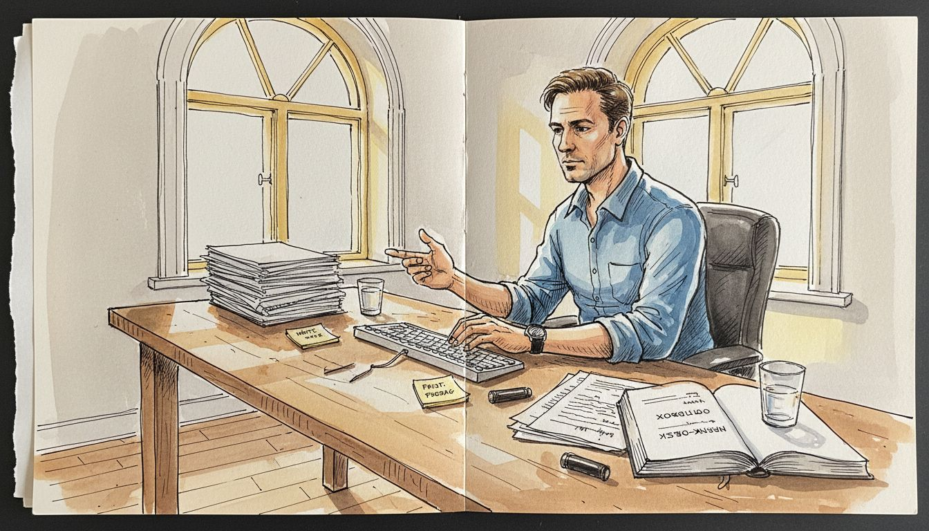 En oversetter sitter i et hjørnekontor og går nøye gjennom dokumenter.