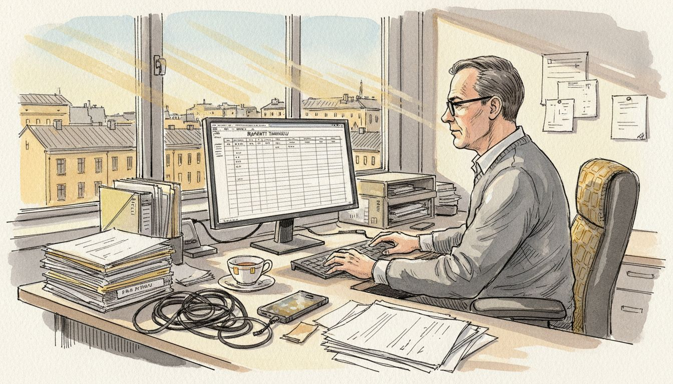 Mies tarkistaa käännösasiakirjoja varmistaakseen tietoturvan.