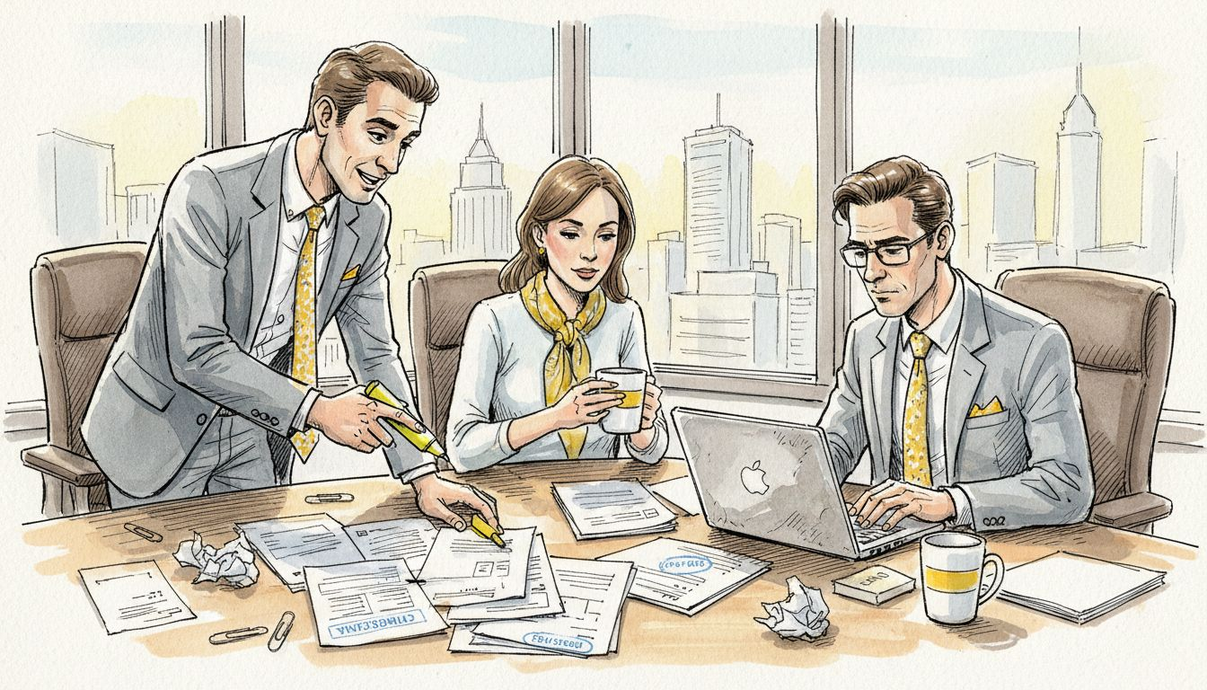 Team reviews multilingual compliance documentation in office