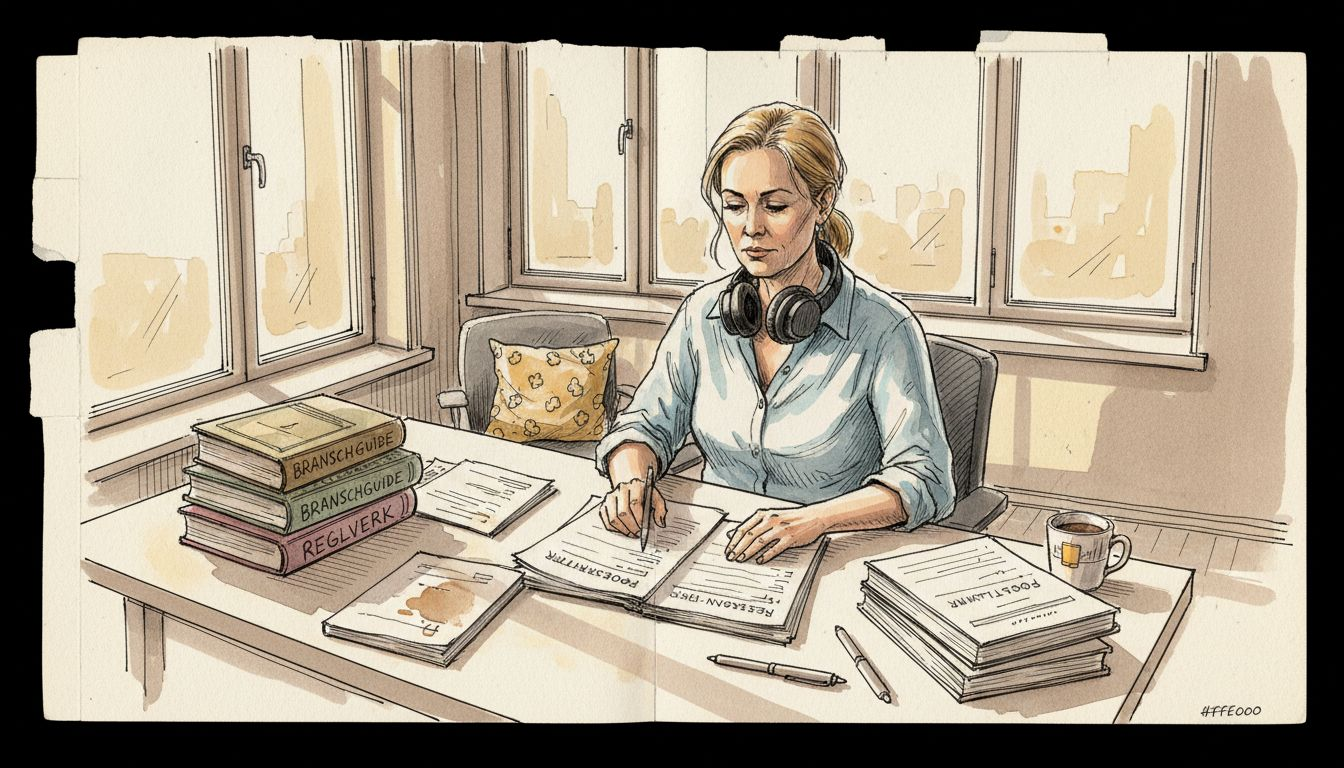 Språkexpert granskar översättningar i ett soligt kontor