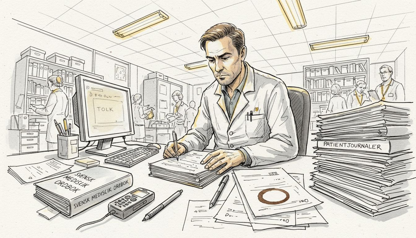 Medicinsk språkexpert som arbetar med journalsystem på sjukhuset