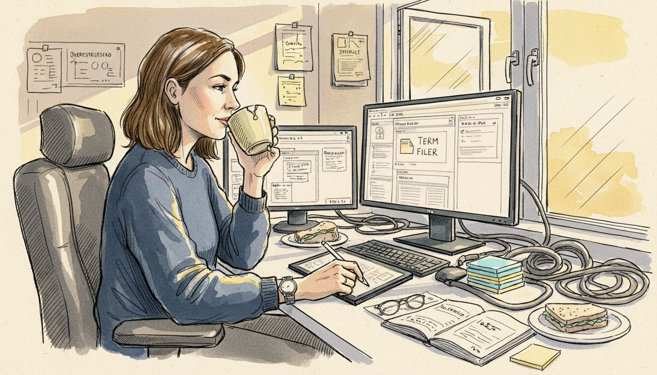 En kvinne sitter ved skrivebordet og har full kontroll på arbeidsflyten for AI-basert oversettelse.