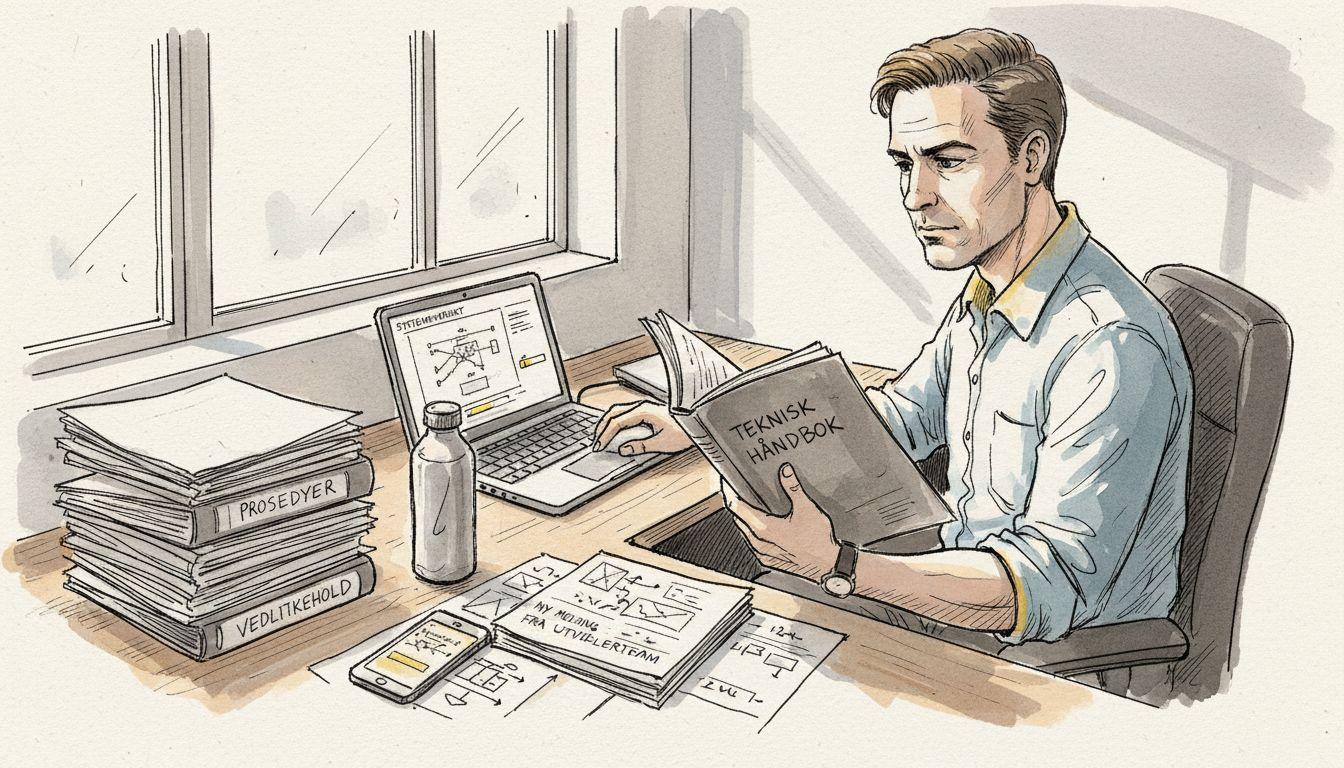 En teknisk skribent som går nøye gjennom dokumenter ved skrivebordet.