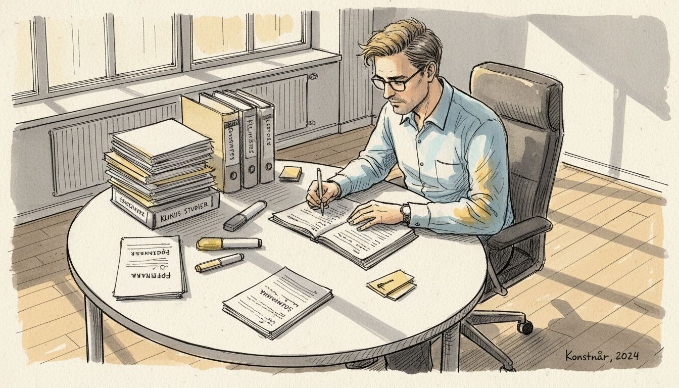 Facköversättare granskar läkemedelsdokument för att säkerställa korrekthet och kvalitet.